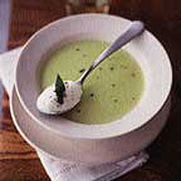 Broad bean soup with crème fraîche and sage
