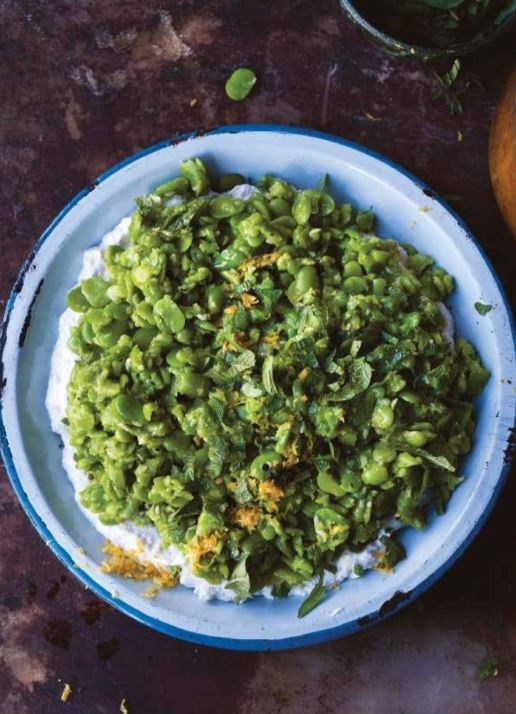 Broad bean spread with roasted garlic ricotta