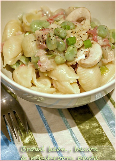 Broad beans, bacon and mushroom pasta
