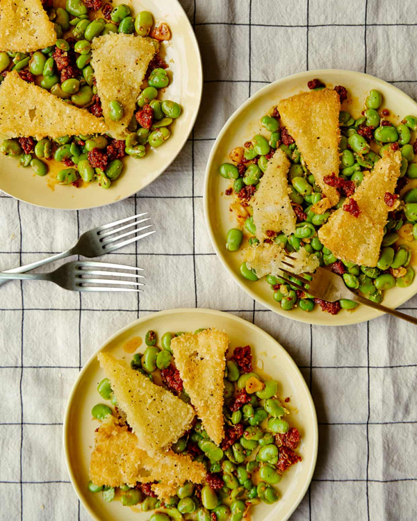 Broad beans with chorizo and crisp fried Manchego