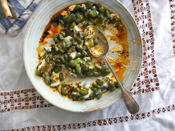 Broad beans with yoghurt and smoky chilli butter
