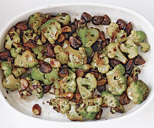 Broccoflower and cremini mushrooms with garlic and rosemary