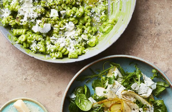 Broccoli & blue cheese fusilli with pear salad