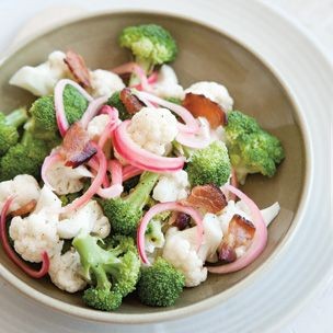 Broccoli & cauliflower salad with pickled onions & bacon
