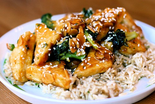 Broccoli almond sweet-and-sour tofu