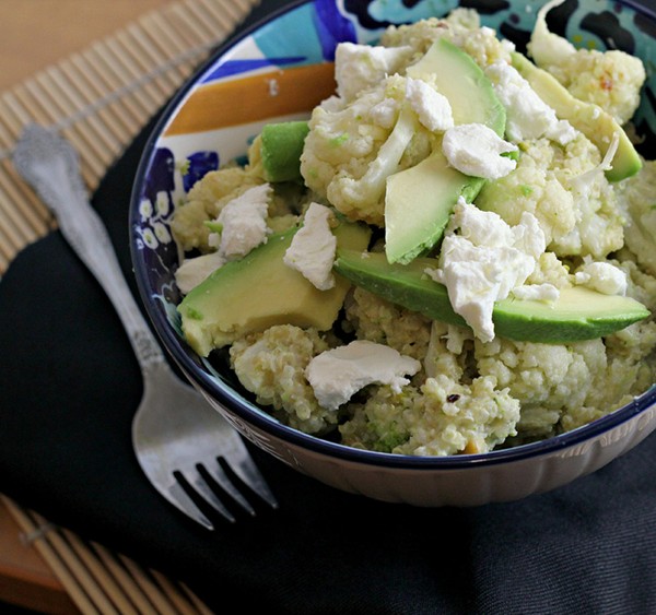 Broccoli and cauliflower quinoa salad with avocado and goat cheese