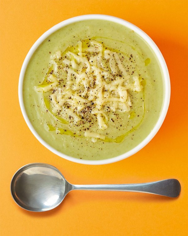 Broccoli and cheddar soup with Parma ham and caramelised pear muffin 