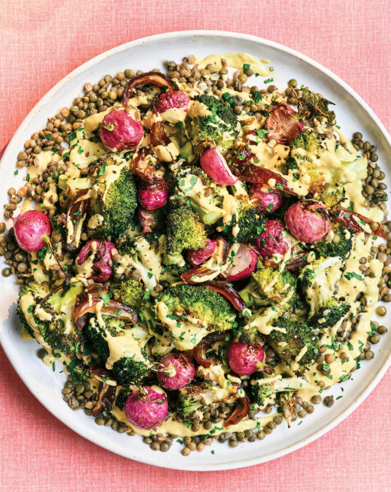 Broccoli and lentil salad with curried tahini and dates