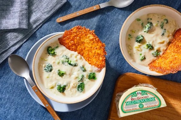 Broccoli and provolone soup with crispy fricos