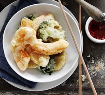 Broccoli and pumpkin tempura with soy and mirin dipping sauce