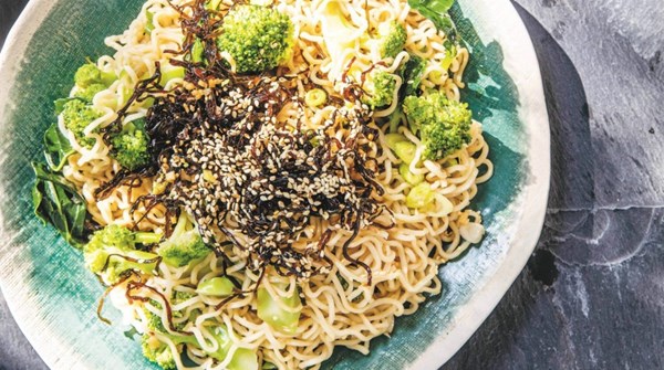 Broccoli and ramen noodle salad with ponzu, sesame and ginger dressing