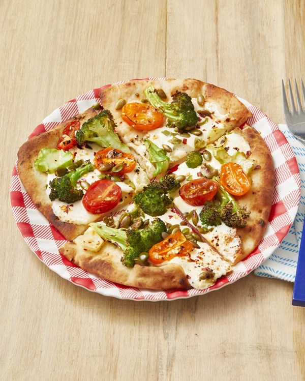 Broccoli and tomato flatbread pizzas