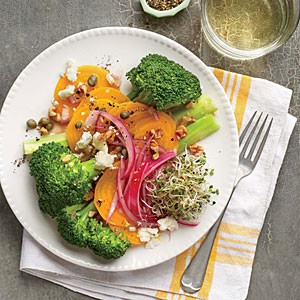 Broccoli, beet, and pickled onion salad