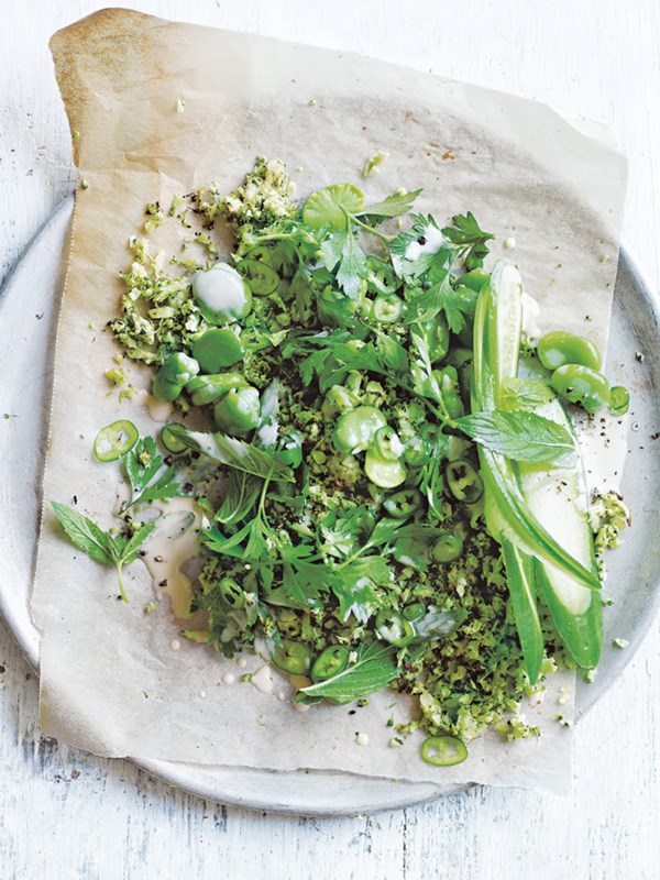Broccoli, broad bean and cucumber tabouli with creamy hummus dressing