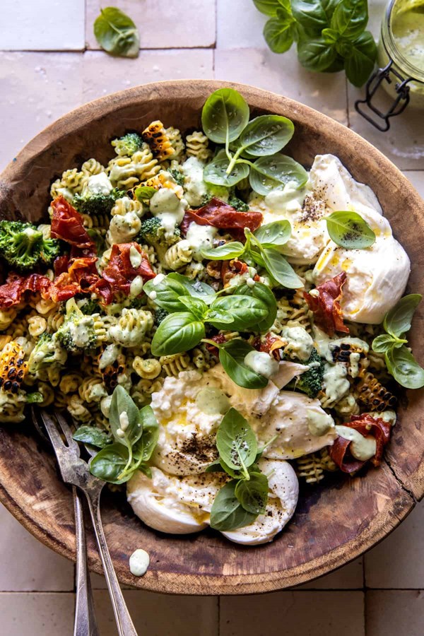 Broccoli burrata pasta salad