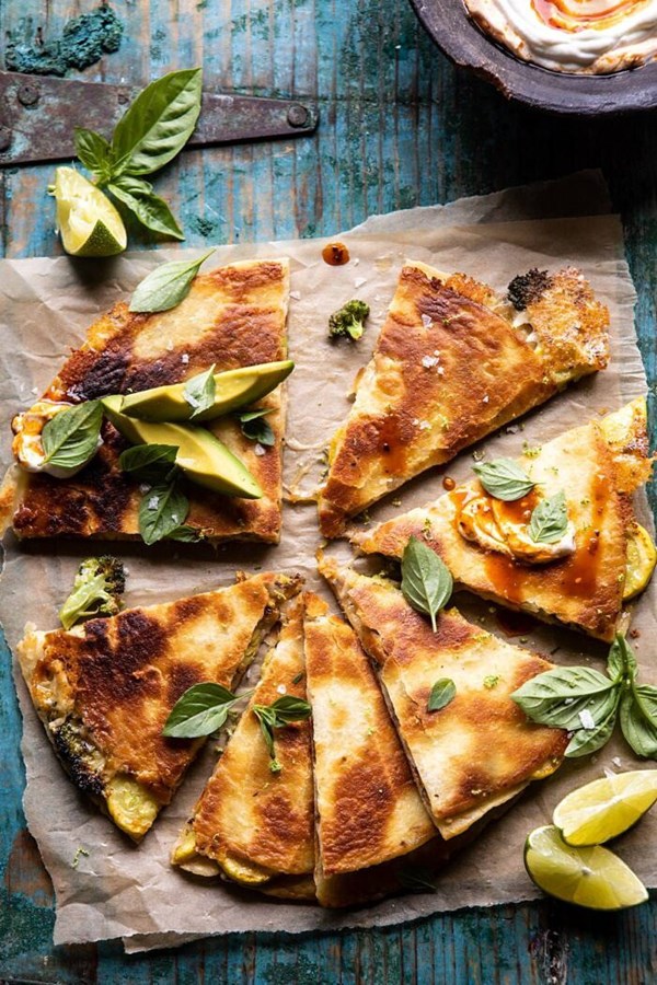 Broccoli cheese quesadilla with chipotle sauce