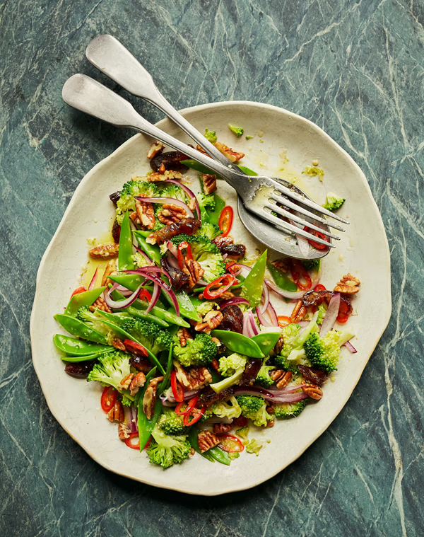 Broccoli, date, pecan and chilli chopped salad