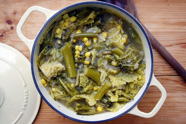 Broccoli, green bean, sweetcorn and cabbage soup