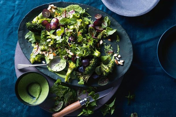 Broccoli, green goddess, grapes & almonds