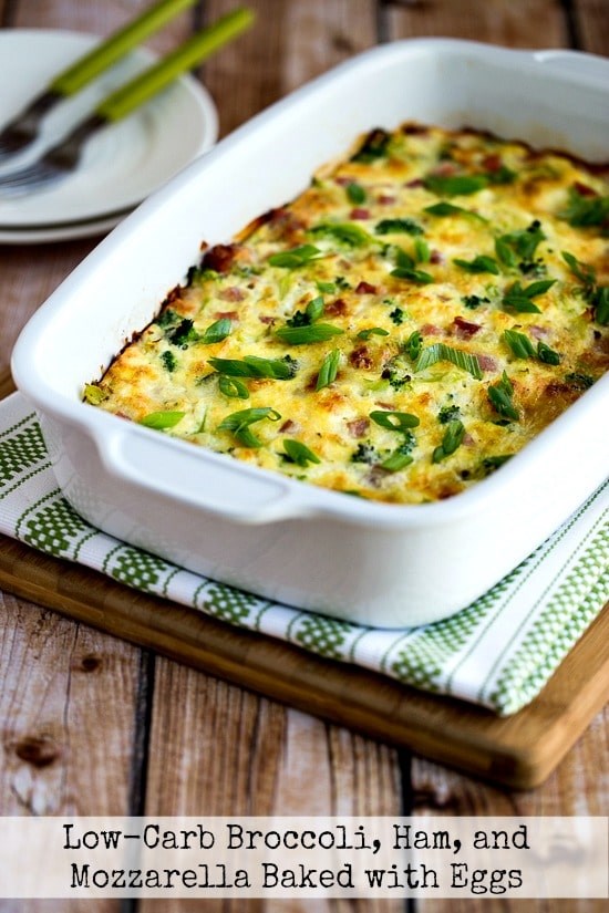 Broccoli, ham, and mozzarella baked with eggs