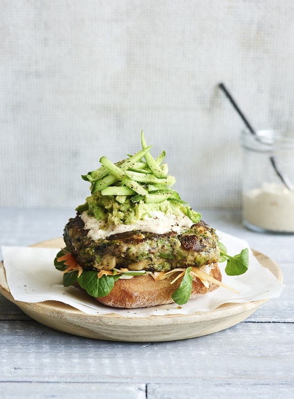 Broccoli, mushroom and white bean burgers