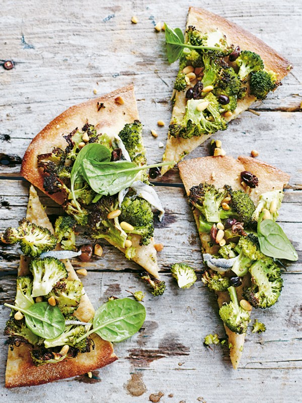 Broccoli, olive and pine nut whole-wheat pizza