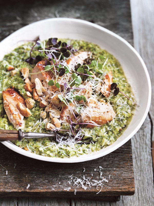 Broccoli quinoa risotto with seared chicken