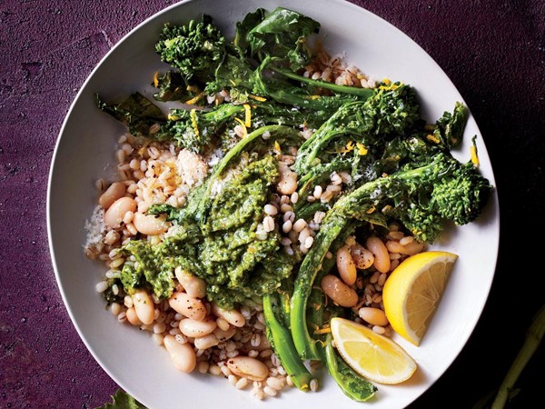 Broccoli rabe and barley bowl with cilantro pesto
