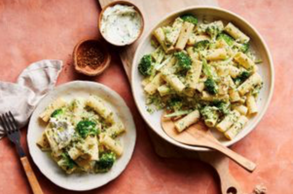 Broccoli rigatoni with macadamia and warrigal greens pesto