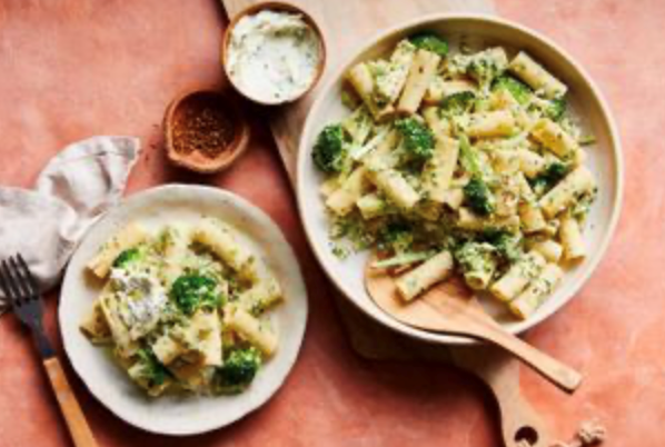 Broccoli rigatoni with macadamia and warrigal greens pesto