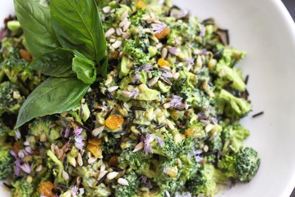 Broccoli salad with sprouted wild rice and citrusy avocado & basil dressing