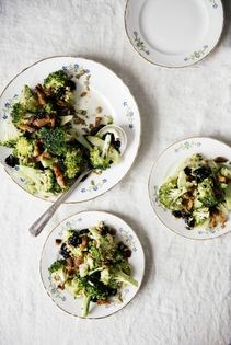 Broccoli salad with warm bacon vinaigrette, sunflower seeds, and dried cherries