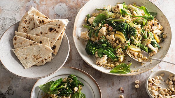 Broccoli shoots & cauliflower salad with freekeh & hazelnuts [Matthew Evans]