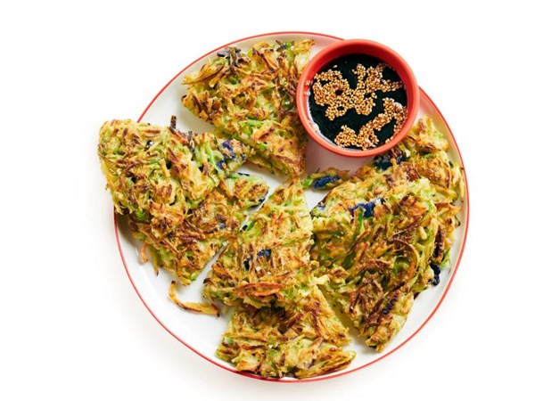 Broccoli slaw pancakes with soy-sesame dipping sauce