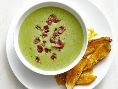 Broccoli soup with cheddar potato skins