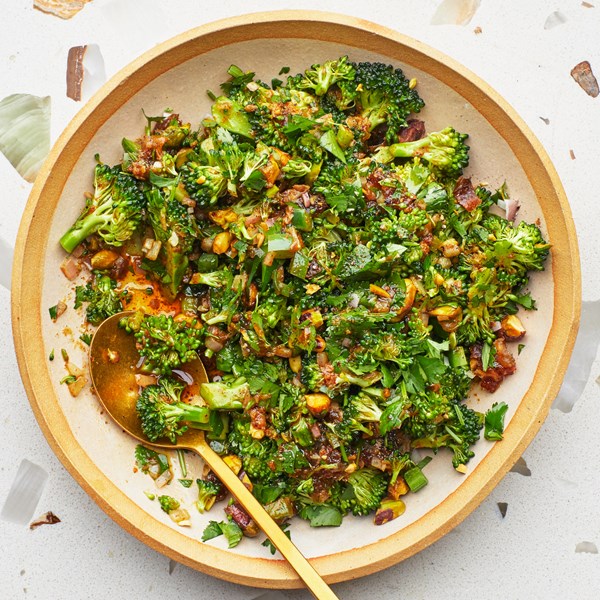 Broccoli spoon salad with warm vinaigrette [Beverly Kim]