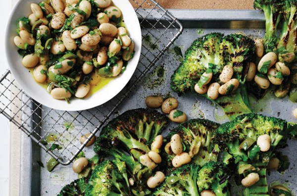 Broccoli steaks with green olive and white bean salsa