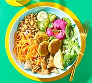 Broccoli stem falafel bowl