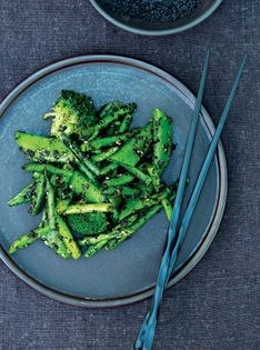 Broccoli, sugar snaps, fine beans & asparagus in toasted black sesame dressing