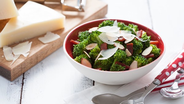Broccoli with bacon and toasted almonds