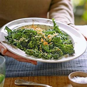 Broccoli with walnut vinaigrette and crispy shallots