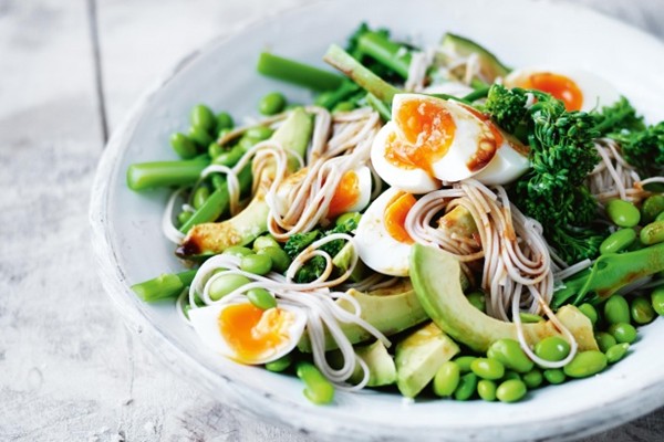 Broccolini & soba noodle salad with wasabi dressing and ginger salt