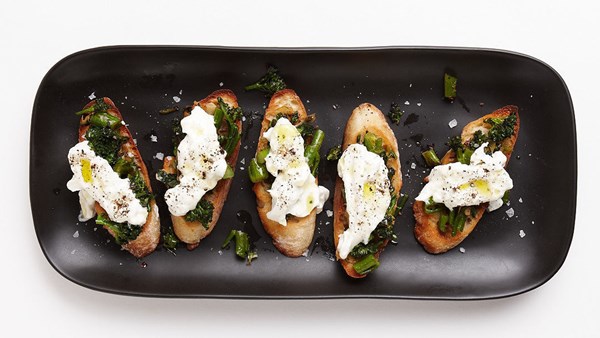 Broccolini and burrata crostini
