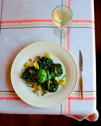 Broccolini, avocado, and pistachio salad with silky lemon dressing and parsleyed eggs
