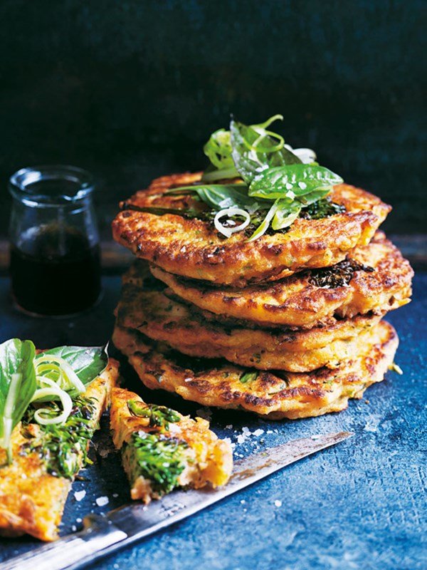Broccolini, basil and kimchi pancakes