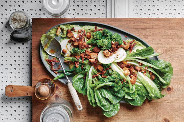 Broccolini, cos, pancetta, sourdough and almond crunch