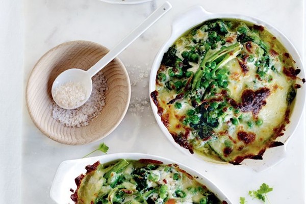 Broccolini, pea & asparagus breakfast gratin