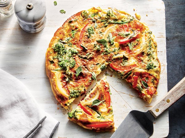Broccolini, red pepper, and roasted garlic frittata