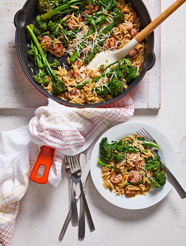 Broccolini, sausage, and orzo skillet