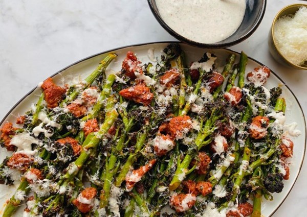 Broccolini with chorizo, Manchego and caraway seed creme fraiche